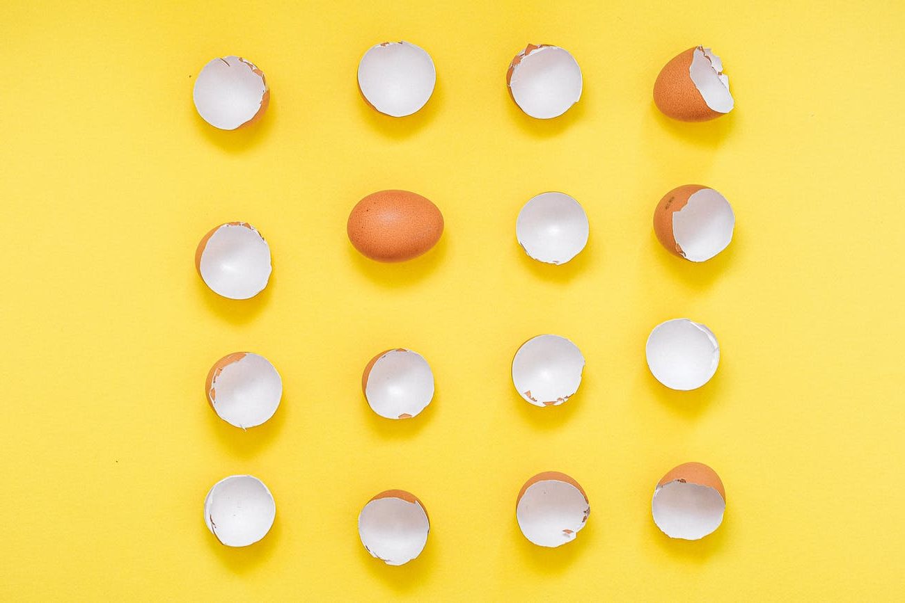broken eggshells on a yellow background
